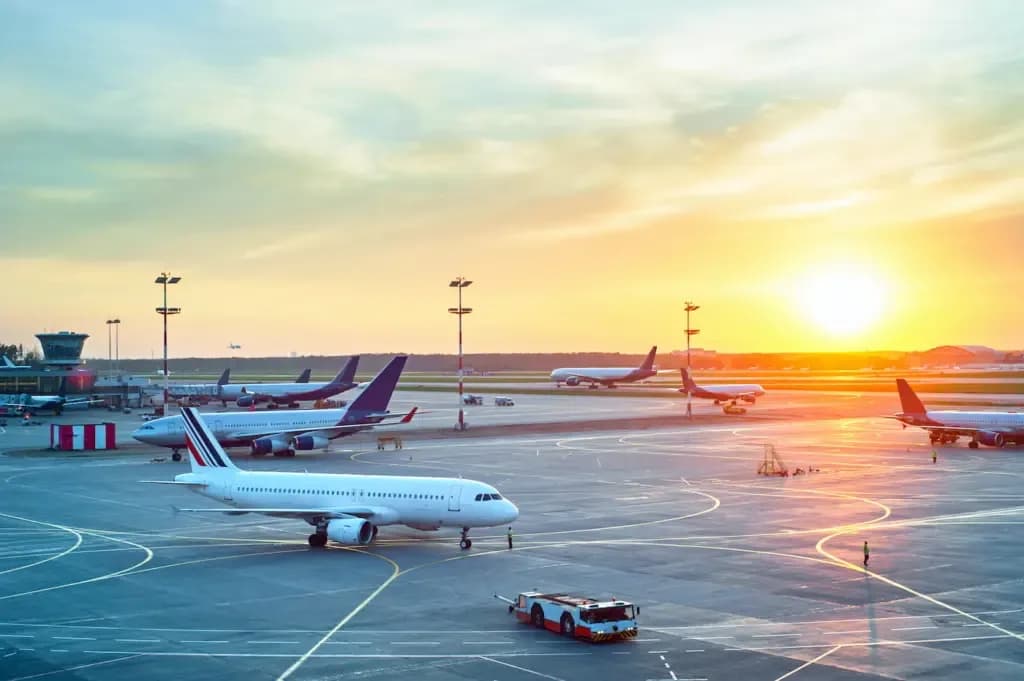 Avión comercial estacionado en una terminal de aeropuerto durante un atardecer dorado, con un vehículo de remolque en la pista