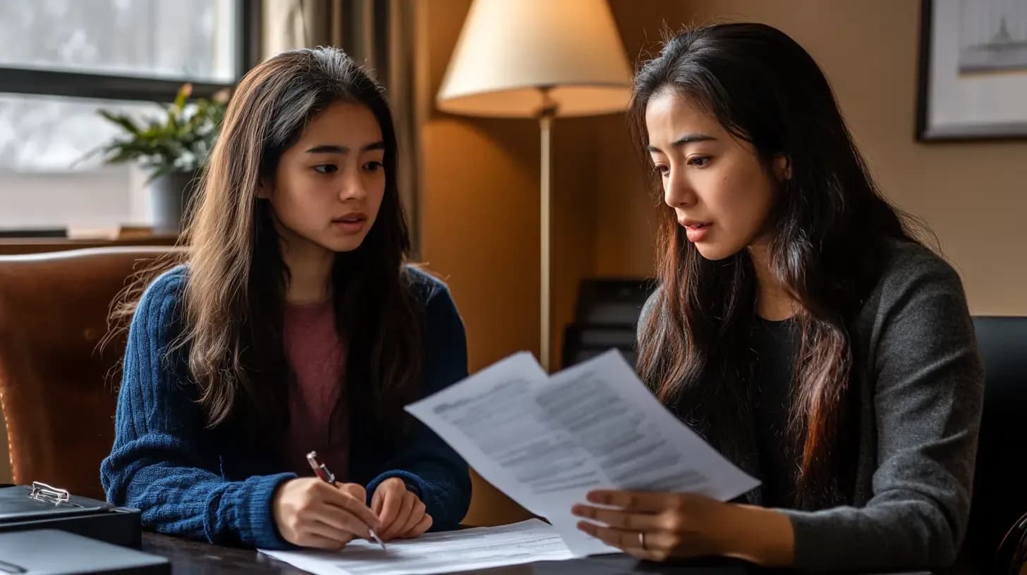 Two women reviewing immigration documents together at a desk during a consultation