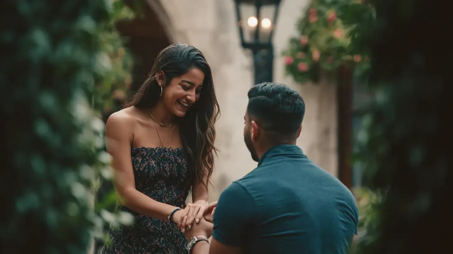 Mujer y hombre sonrientes tomados de la mano en un jardín frondoso con hiedra y flores