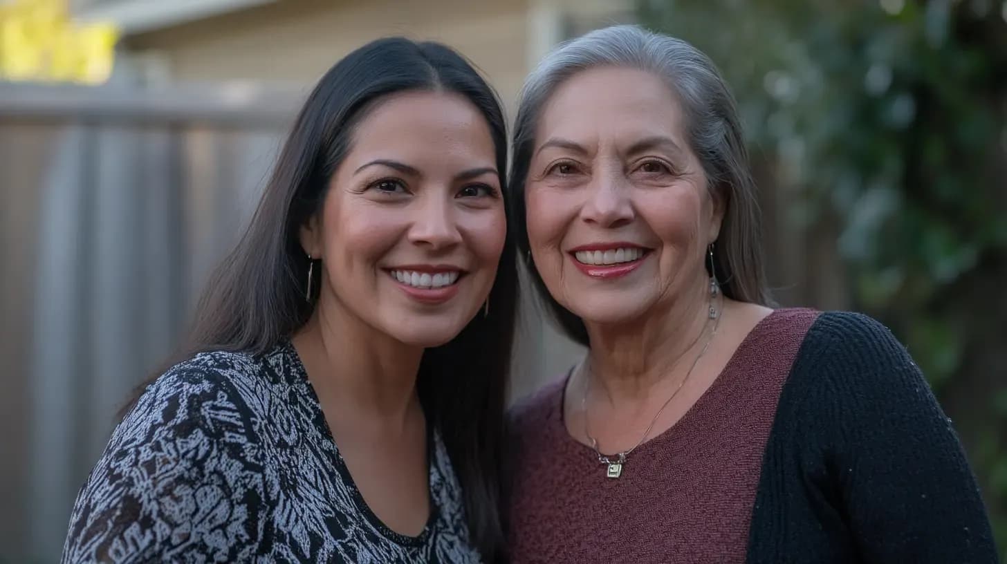 Dos mujeres sonrientes de distintas edades posando juntas al aire libre, en representación de la familia y los servicios migratorios