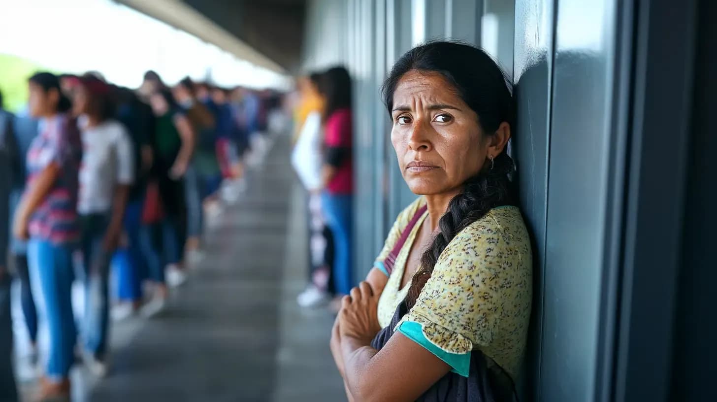 Woman with braided hair standing against metal wall, looking at camera with concerned expression, with blurred group of people in background