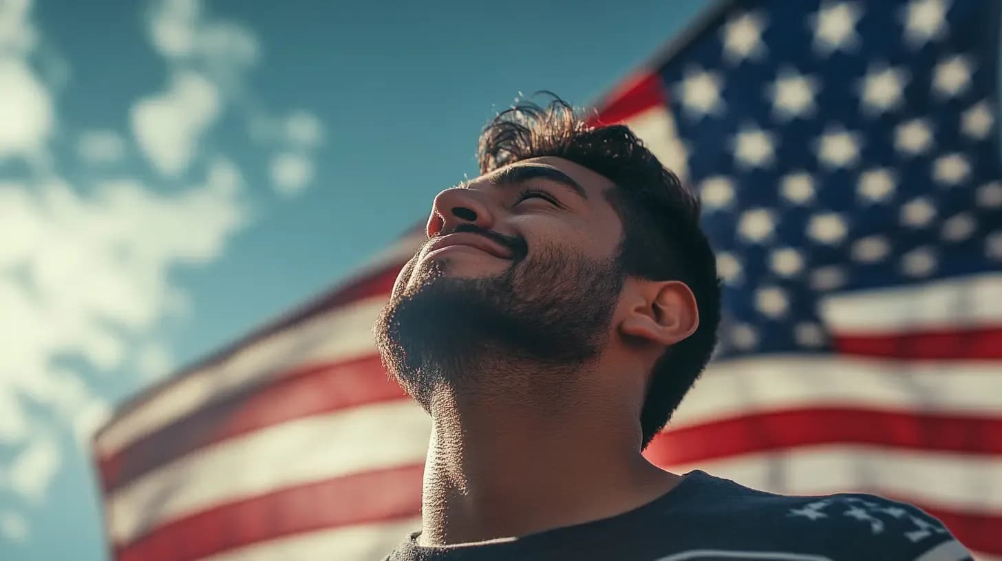 Man looking upward with American flag in background under blue sky
