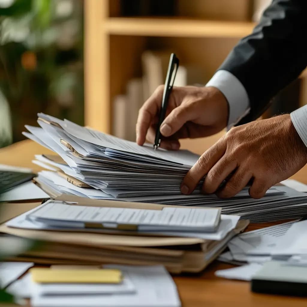 Profesional con ropa de negocios revisando con un bolígrafo una pila de documentos legales en un escritorio