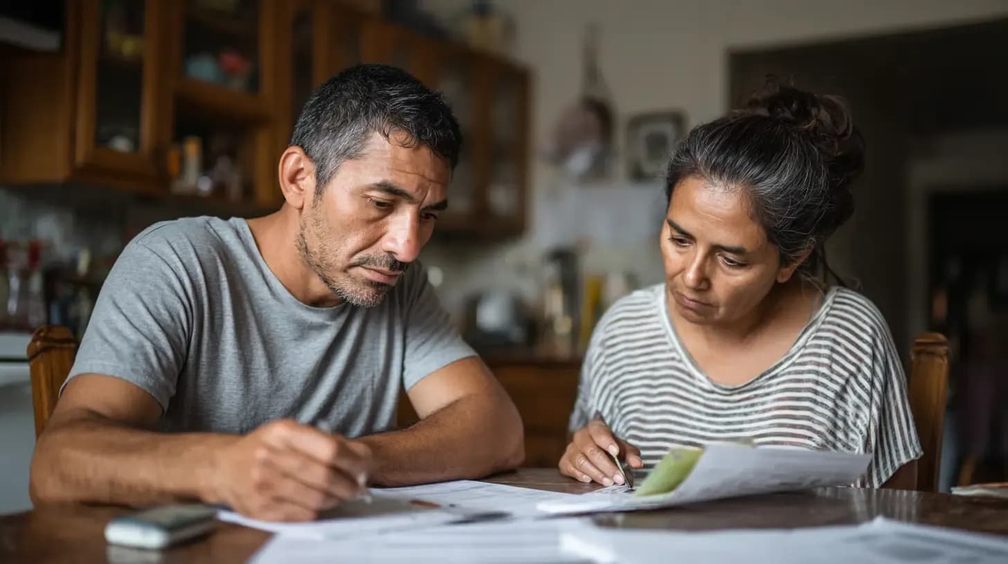 A man and woman review immigration paperwork together at a kitchen table