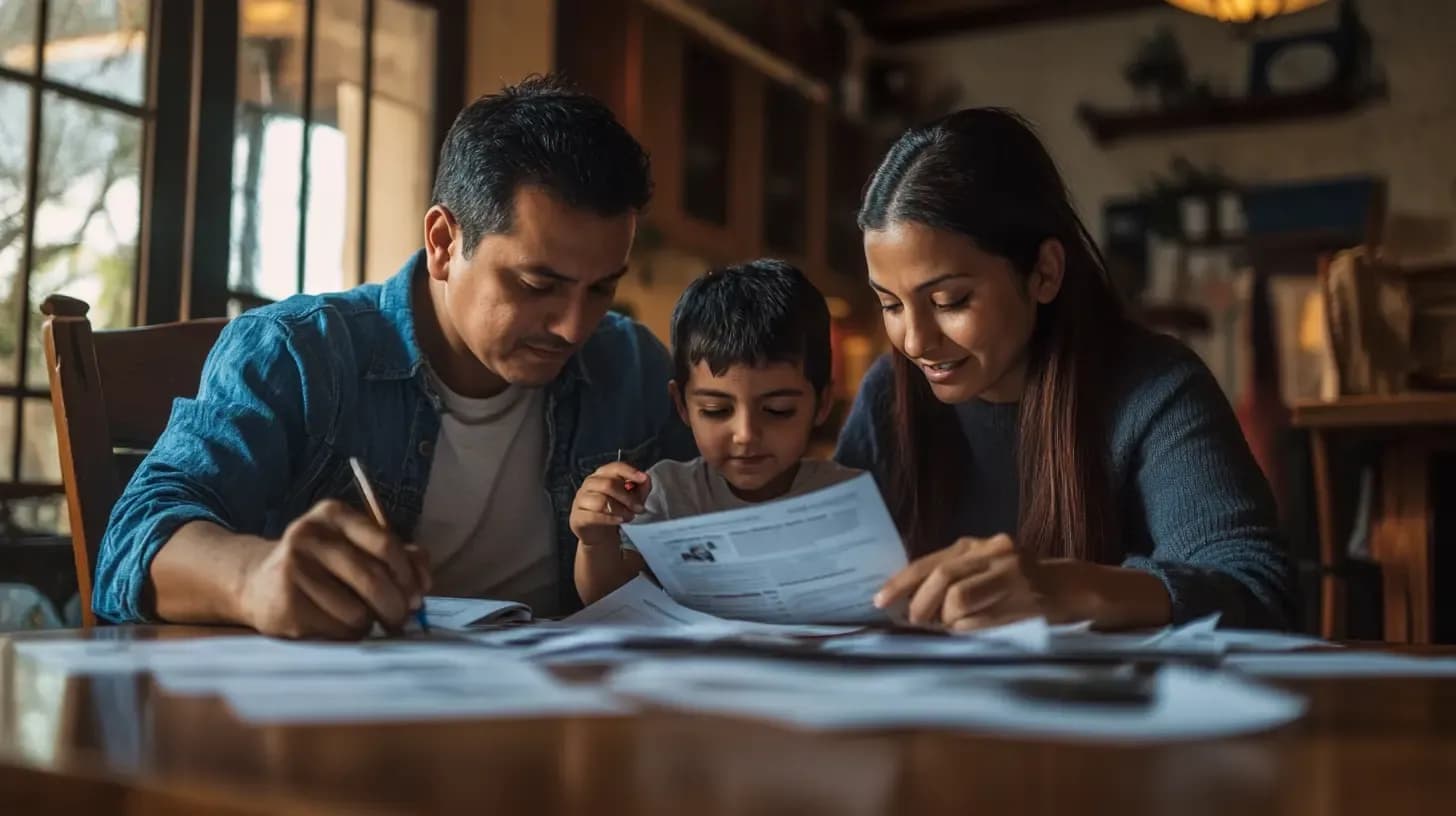 Padres e hijo revisando juntos documentos de inmigración en la mesa de su hogar