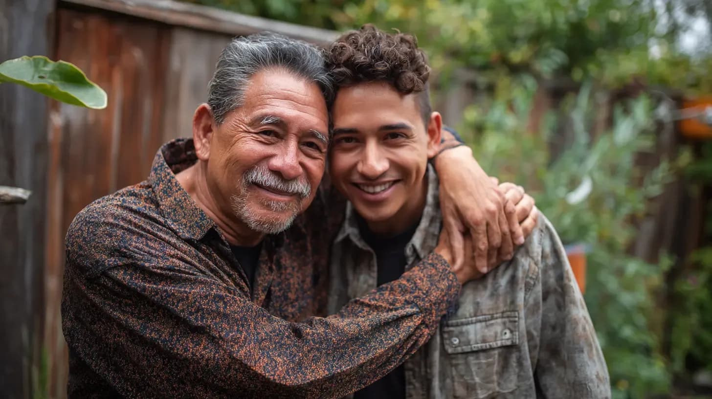 Smiling father and son embracing outdoors in front of greenery and wooden structure