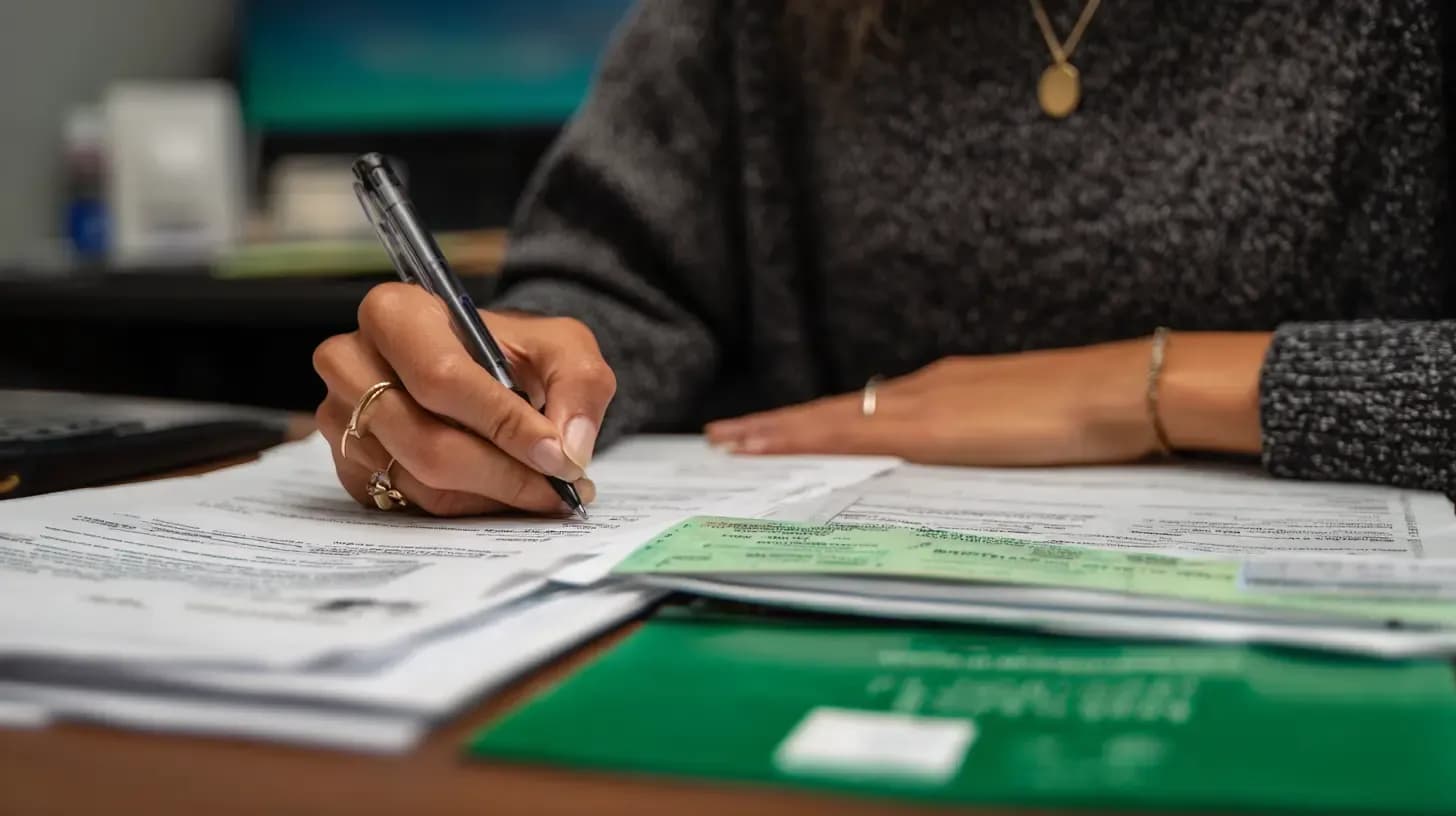 Profesional con saco gris escribiendo en documentos migratorios ante un escritorio con una carpeta verde
