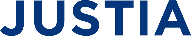 Logotipo con la palabra JUSTIA en letras mayúsculas gruesas de color azul marino