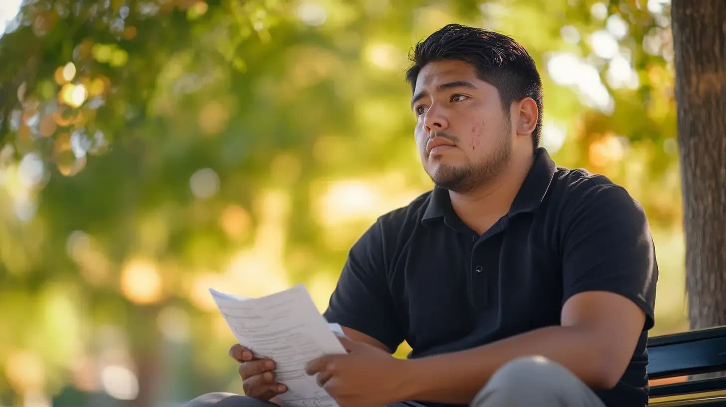 Hombre con camisa polo negra revisando documentos mientras está sentado al aire libre cerca de un árbol, con vegetación verde desenfocada al fondo