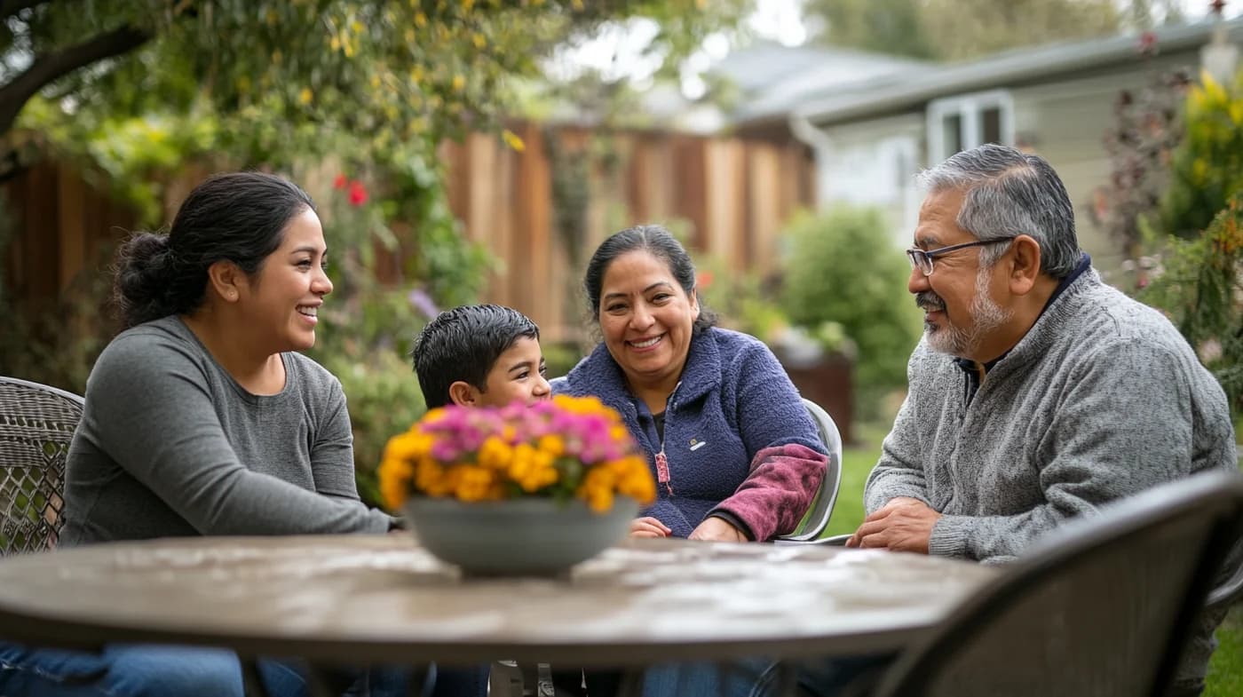 Family of four smiling while sitting around a table in a backyard garden setting