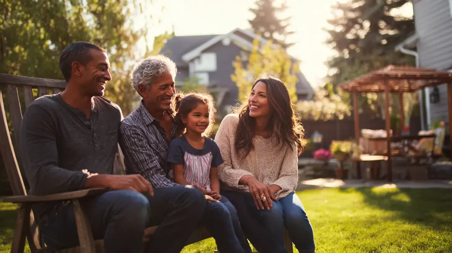 Happy multi-generational family smiling together in sunny backyard with house and trees