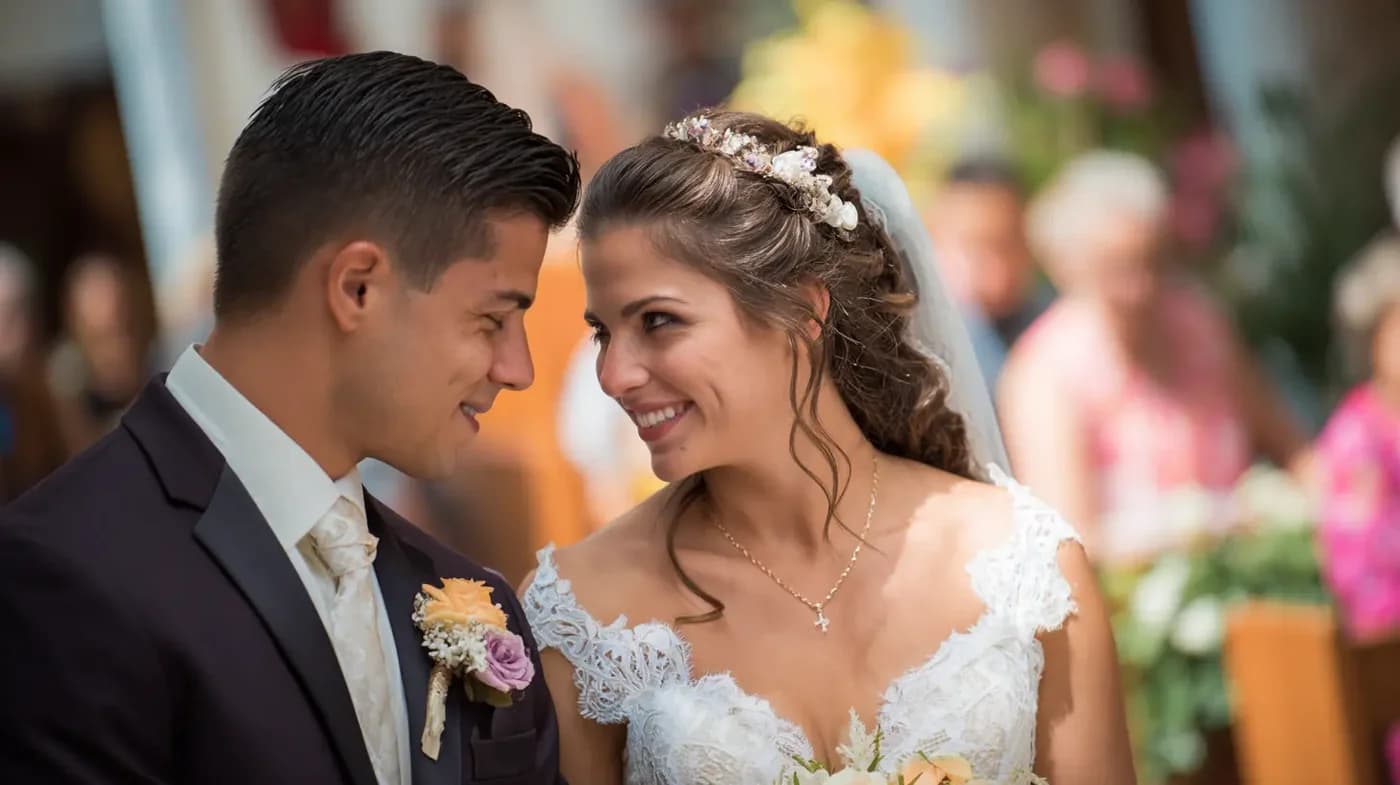 Bride and groom smiling at each other during wedding ceremony with guests in background