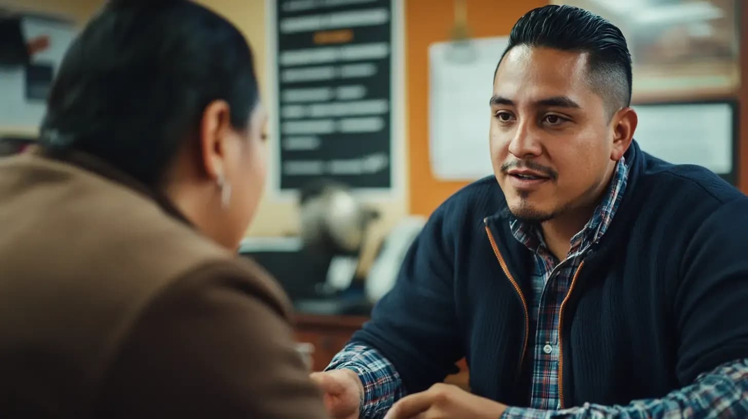 Male immigration attorney in plaid shirt consulting with client in office setting