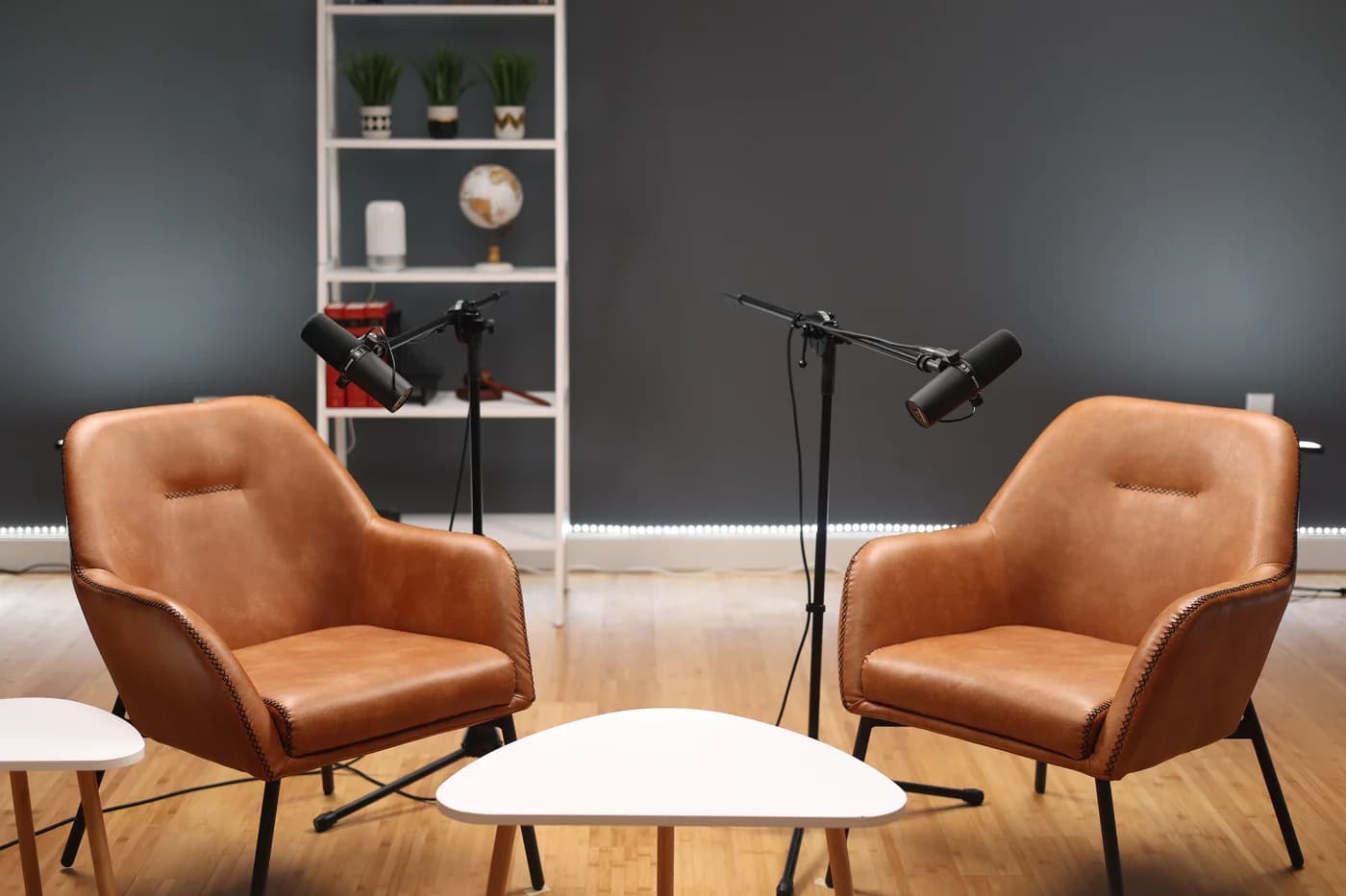 Modern studio with two tan leather chairs facing each other, professional microphones, and minimalist shelving