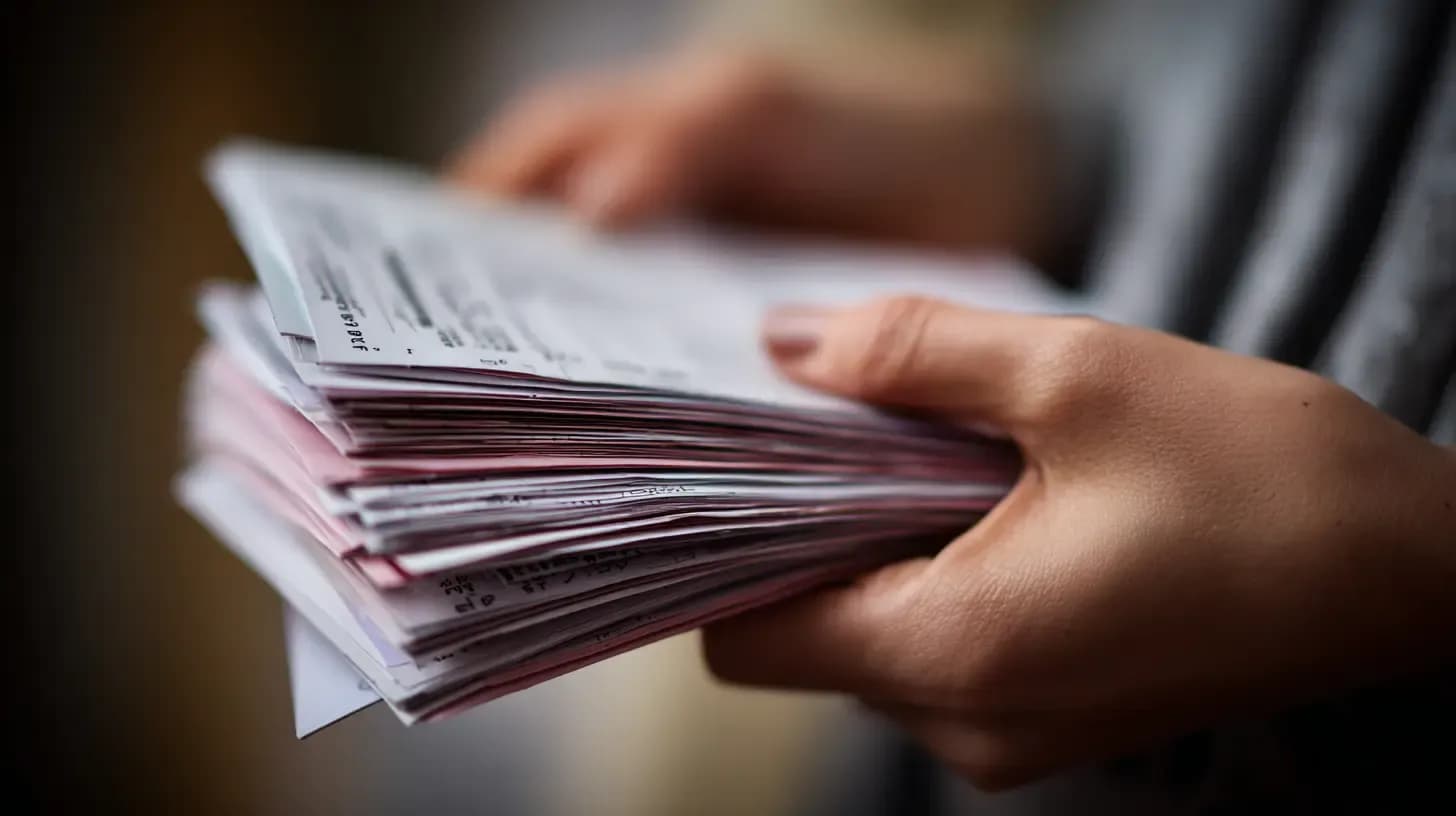Primer plano de unas manos sosteniendo varios documentos migratorios oficiales