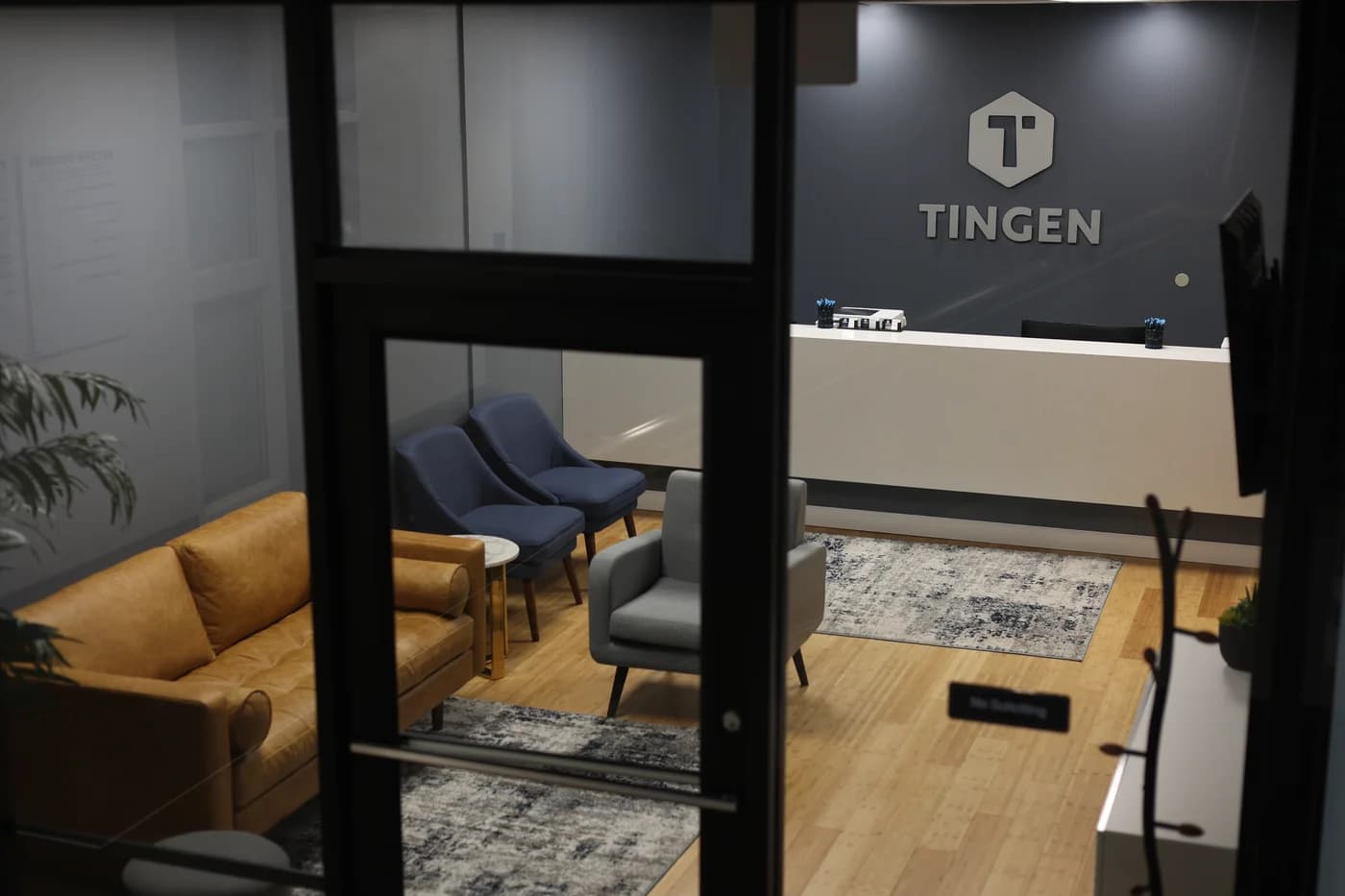 Professional law office reception area with TINGEN logo, reception desk, and modern seating