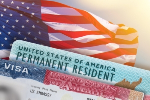 Conditional green card example - green card next to visa and U.S. flag.