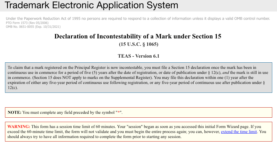 Screenshot of the Online Section 15 Declaration of Incontestability Page