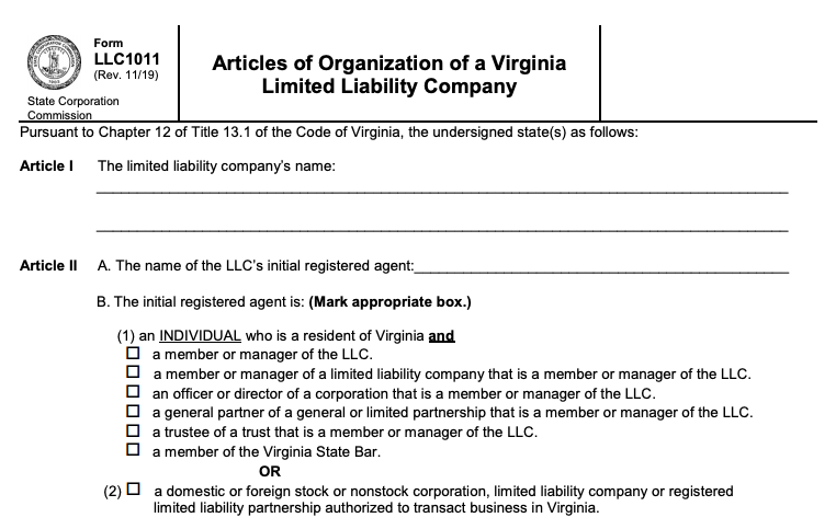 Screenshot of the sample Articles of Organization put out by the Virginia State Corporation Commission 2020-02-12